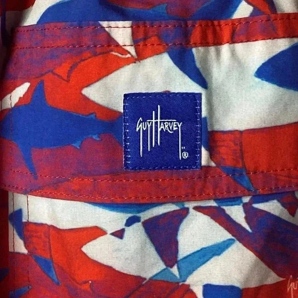 GUY HARVEY MENS XL RED WHITE BLUE SHARK DESIGN BOARD SWIM SHORTS ELASTIC WAIST - Picture 6 of 14